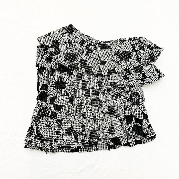 Zara Ruffled Off the Shoulder Top Black White Flower Print Size XS - Picture 2 of 5